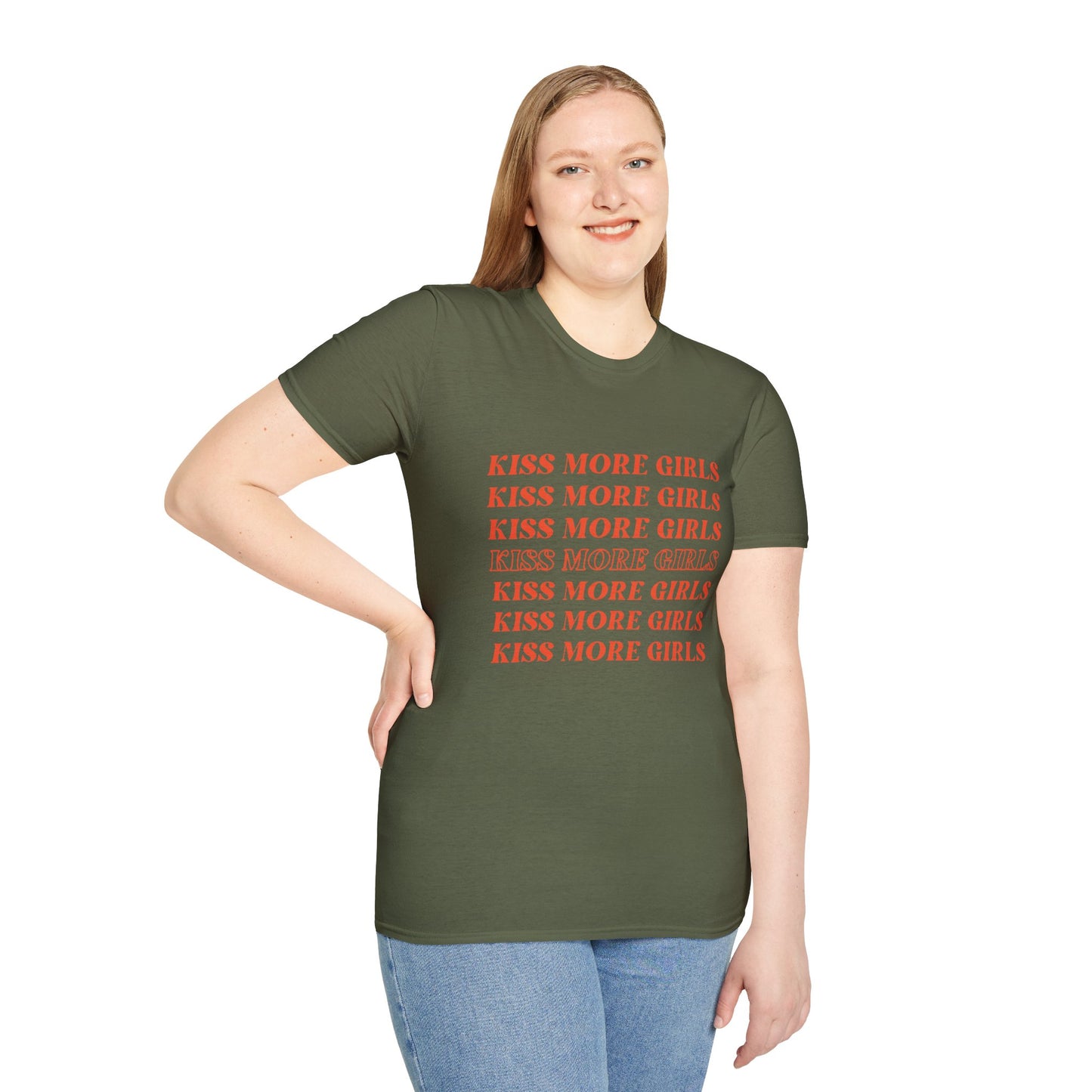 Kiss More Girls T-Shirt – Bold Red Font LGBTQ+ Pride Graphic Tee with Playful Feminine Message