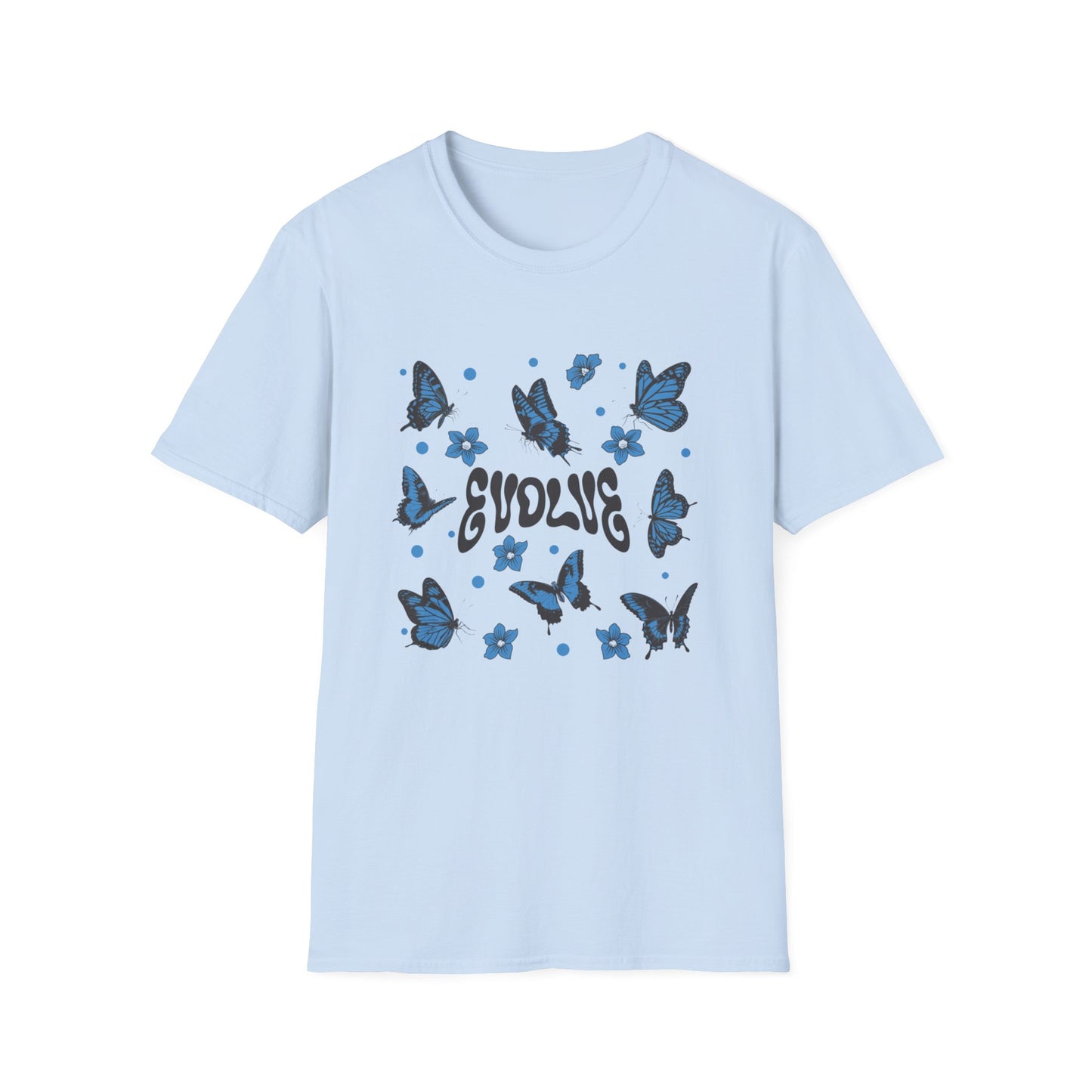 Evolve T-Shirt – Retro Butterfly Graphic Tee with Blue Vintage-Inspired Transformation Design