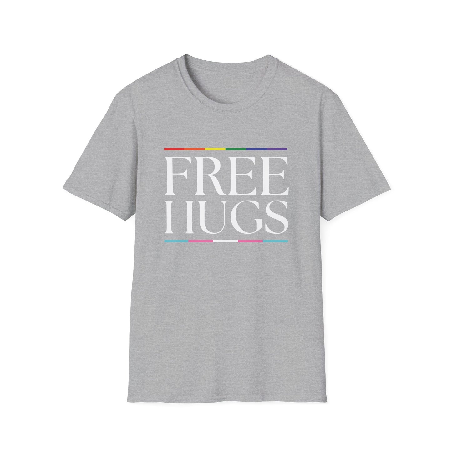 Free Hugs T-Shirt – Rainbow LGBTQ+ Pride Graphic Tee with Wholesome Inclusive Message