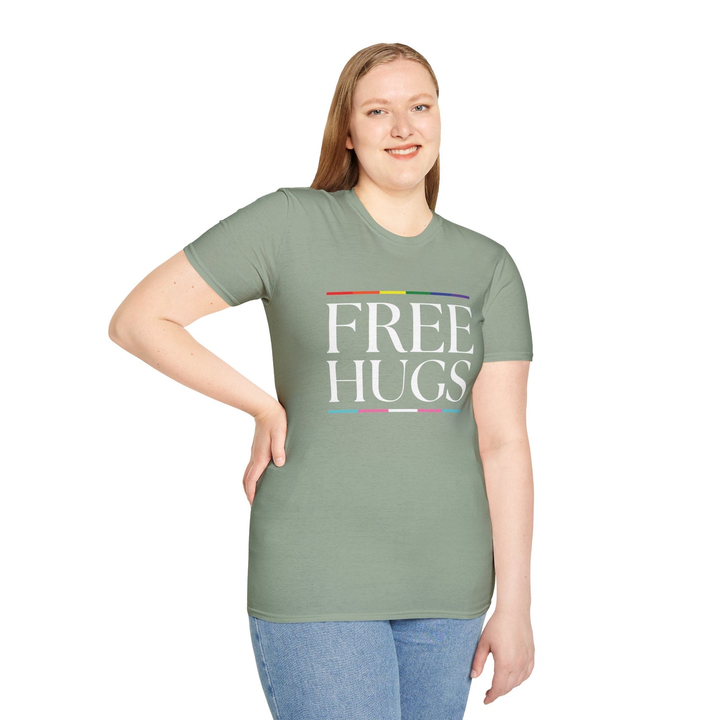 Free Hugs T-Shirt – Rainbow LGBTQ+ Pride Graphic Tee with Wholesome Inclusive Message