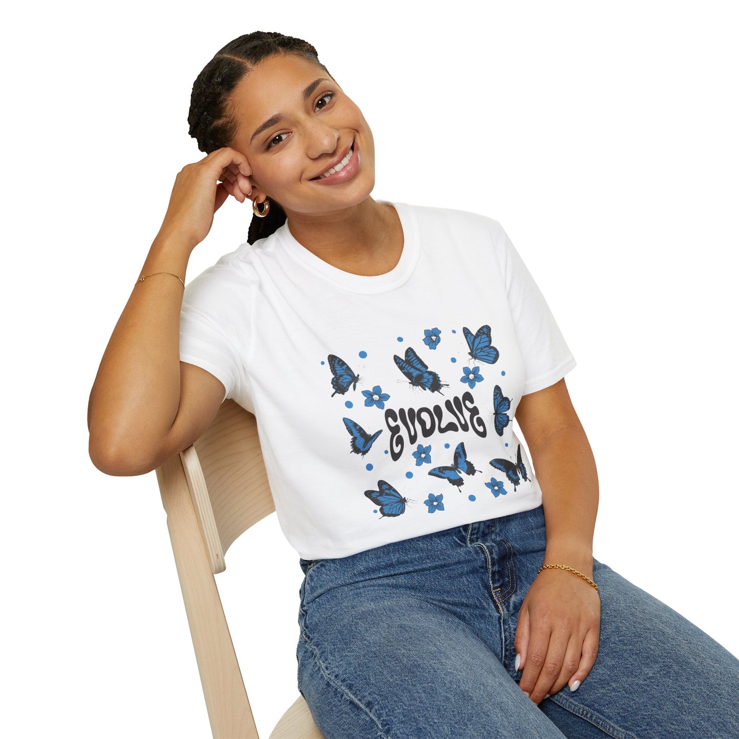 Evolve T-Shirt – Retro Butterfly Graphic Tee with Blue Vintage-Inspired Transformation Design