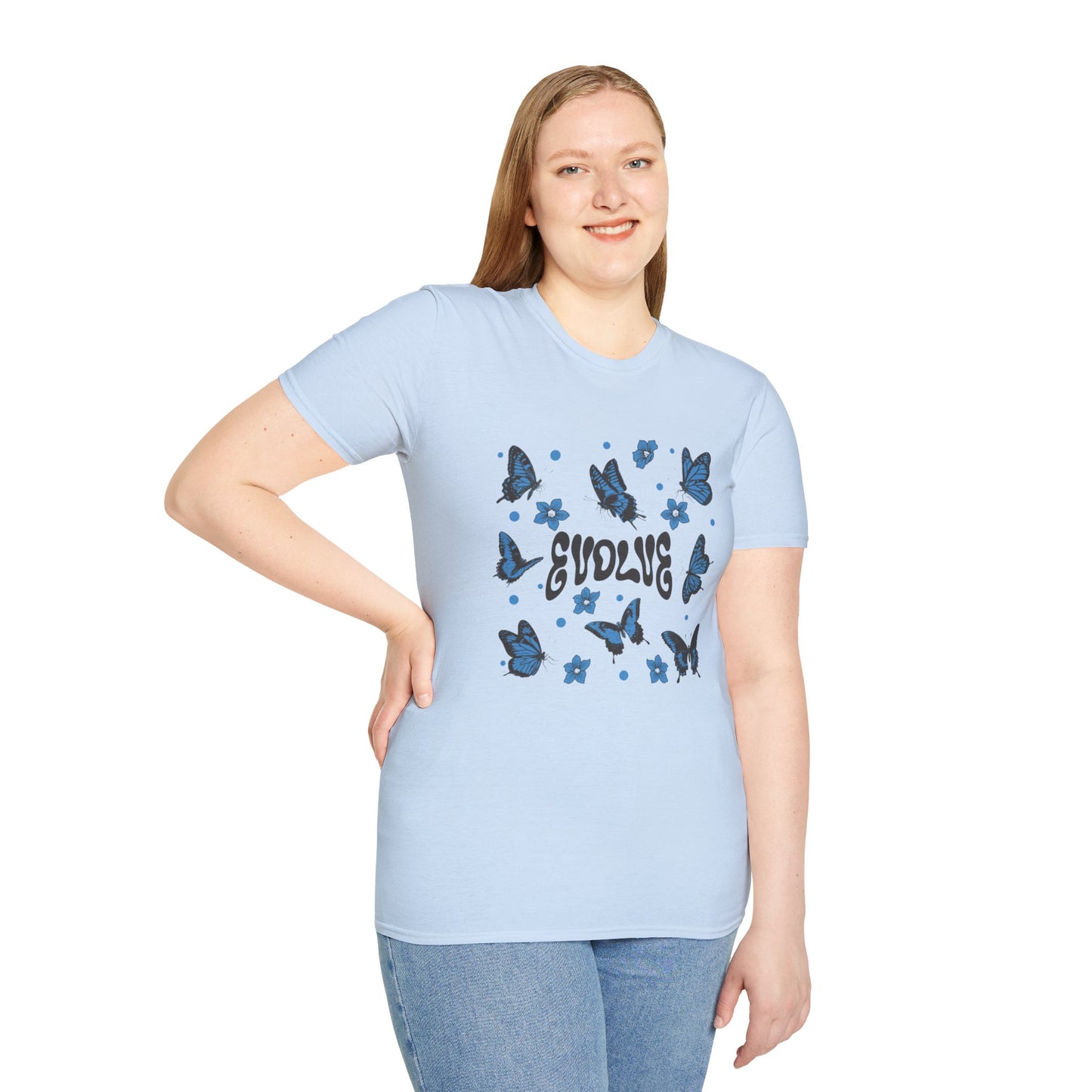 Evolve T-Shirt – Retro Butterfly Graphic Tee with Blue Vintage-Inspired Transformation Design