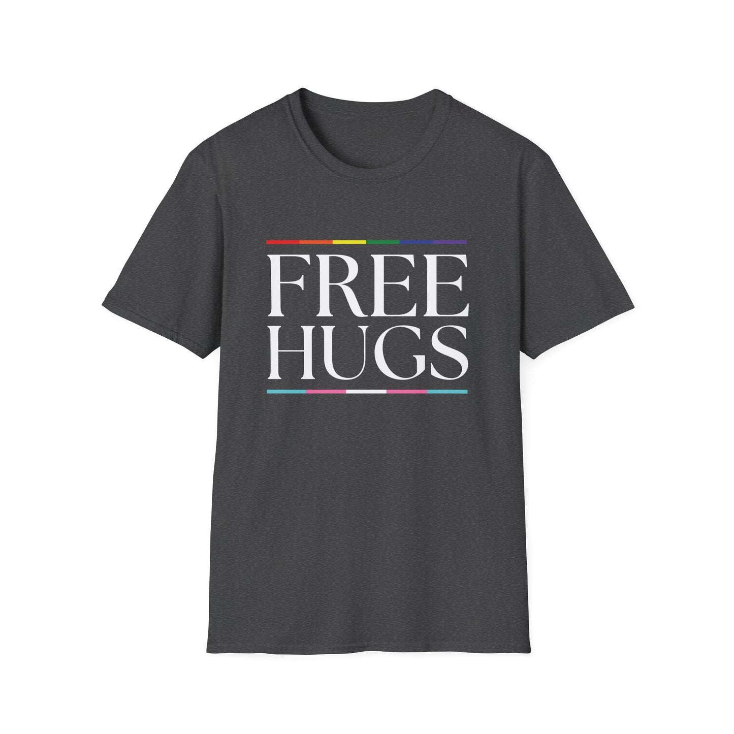 Free Hugs T-Shirt – Rainbow LGBTQ+ Pride Graphic Tee with Wholesome Inclusive Message