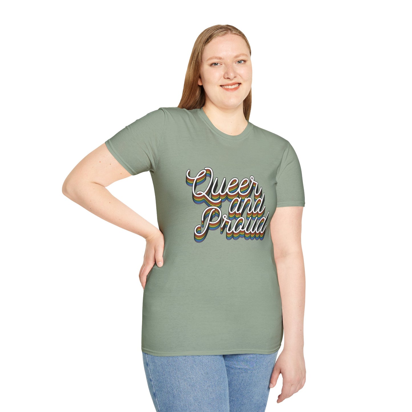 Queer and Proud T-Shirt – Rainbow Uplifted LGBTQ+ Pride Graphic Tee with Bold Inclusive Design