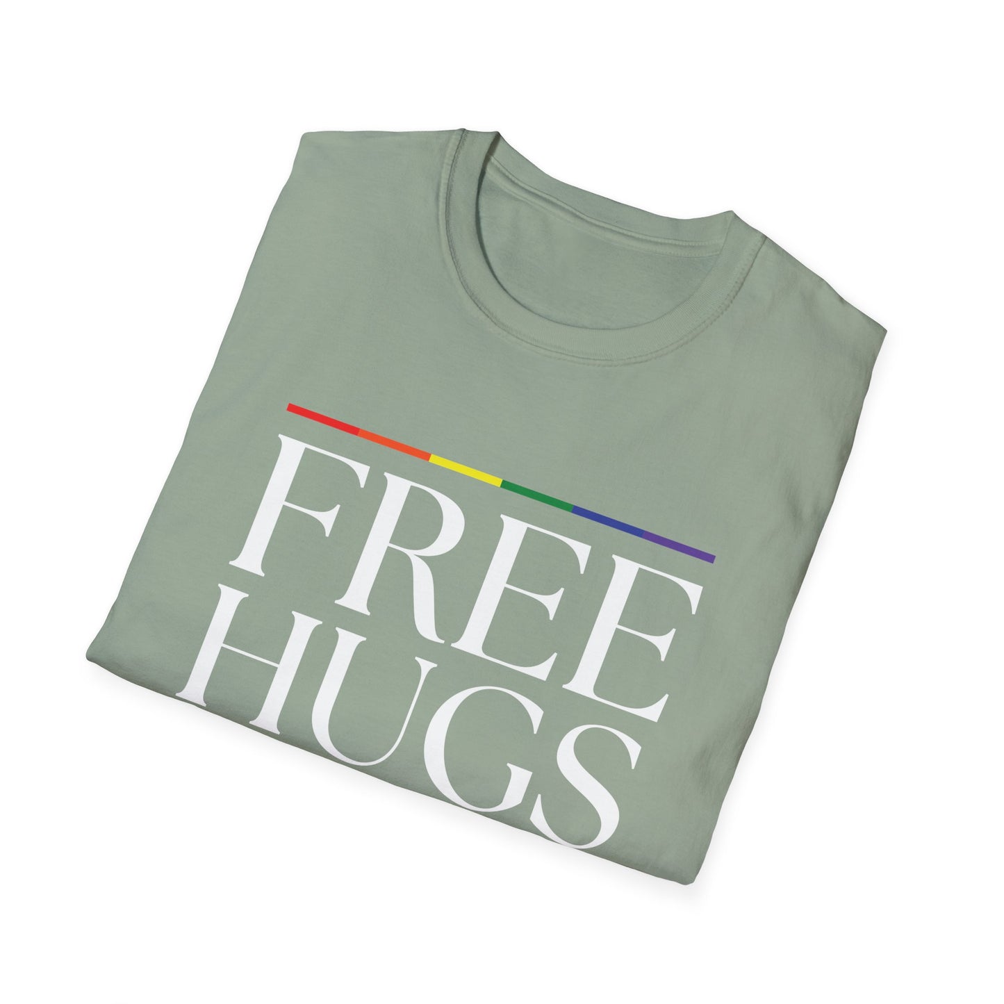 Free Hugs T-Shirt – Rainbow LGBTQ+ Pride Graphic Tee with Wholesome Inclusive Message
