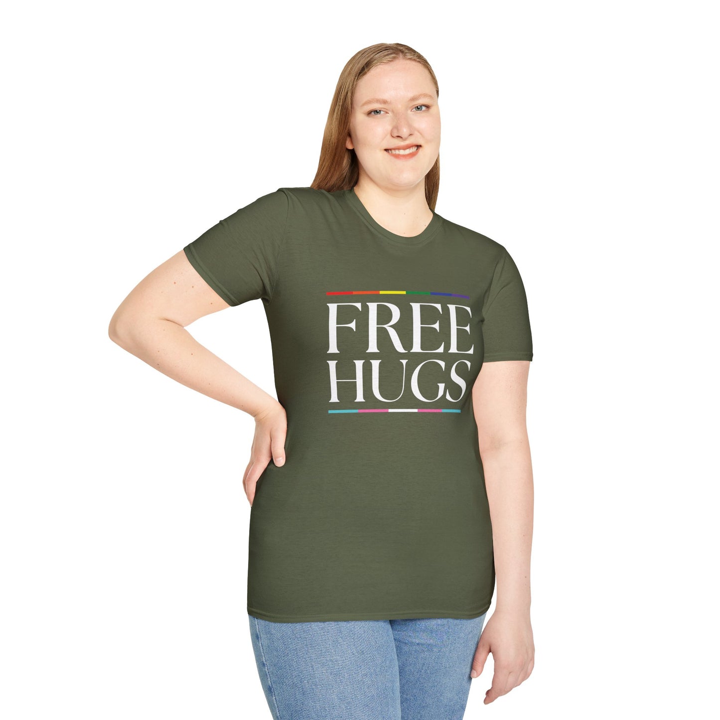 Free Hugs T-Shirt – Rainbow LGBTQ+ Pride Graphic Tee with Wholesome Inclusive Message