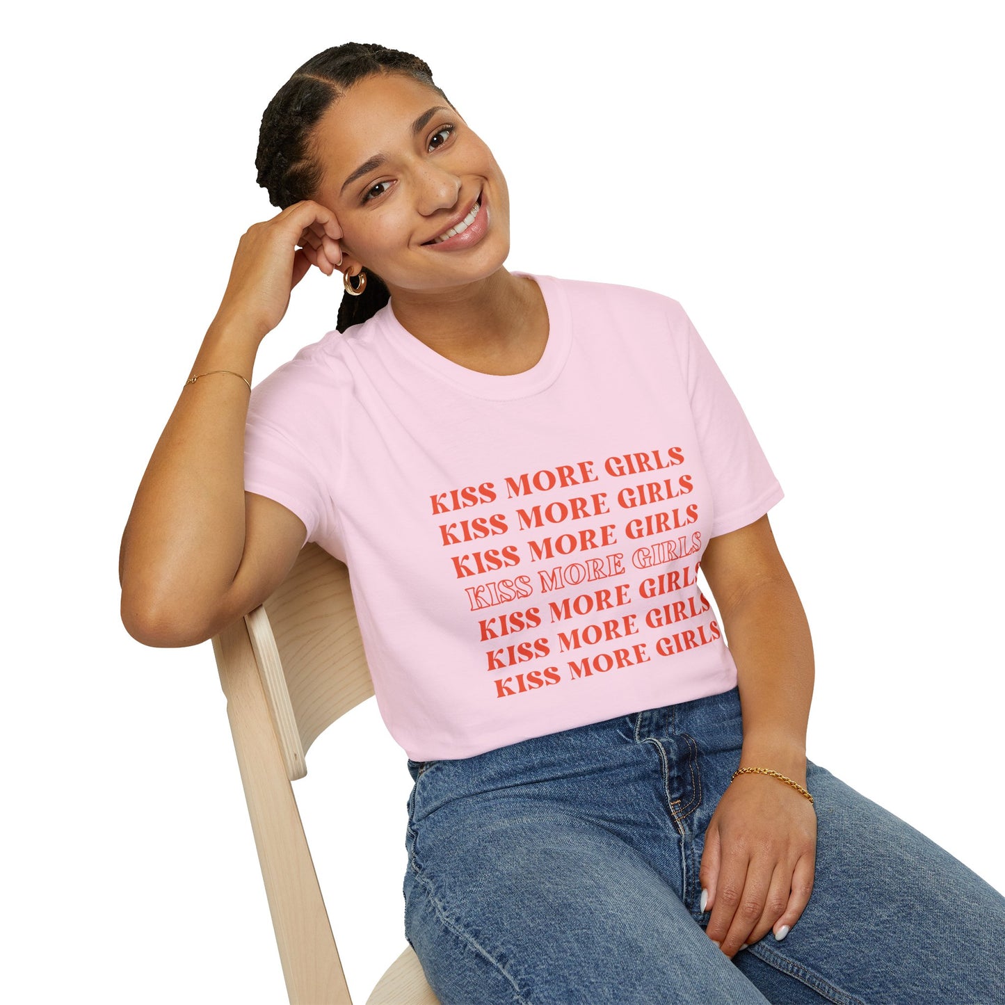 Kiss More Girls T-Shirt – Bold Red Font LGBTQ+ Pride Graphic Tee with Playful Feminine Message