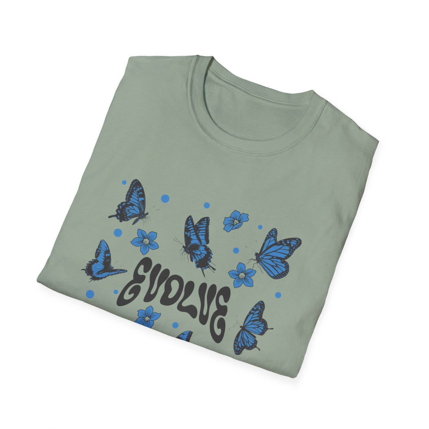 Evolve T-Shirt – Retro Butterfly Graphic Tee with Blue Vintage-Inspired Transformation Design
