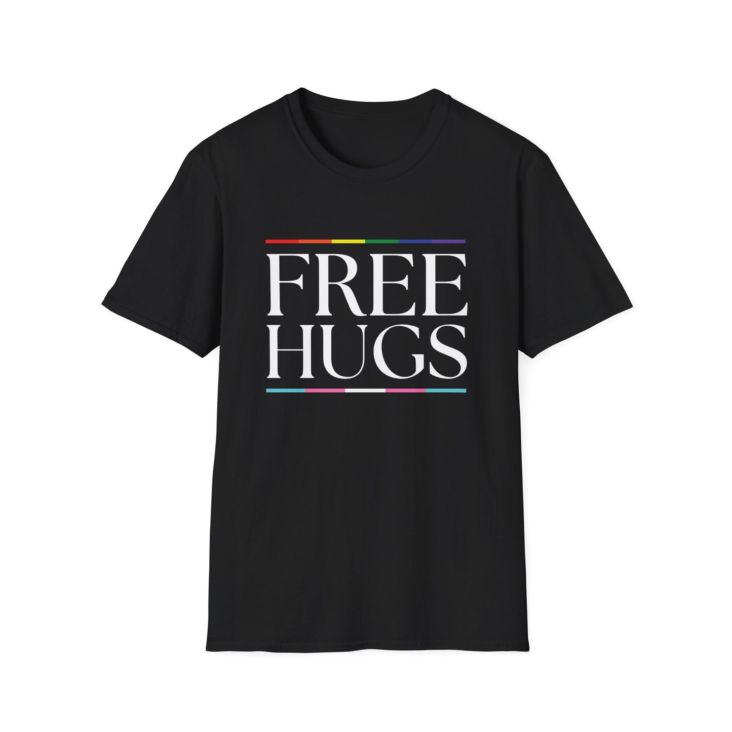 Free Hugs T-Shirt – Rainbow LGBTQ+ Pride Graphic Tee with Wholesome Inclusive Message