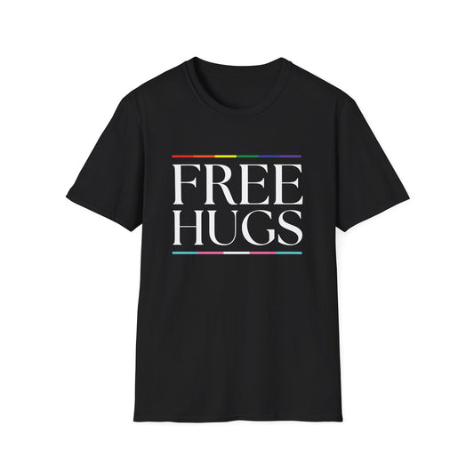 Free Hugs T-Shirt – Rainbow LGBTQ+ Pride Graphic Tee with Wholesome Inclusive Message