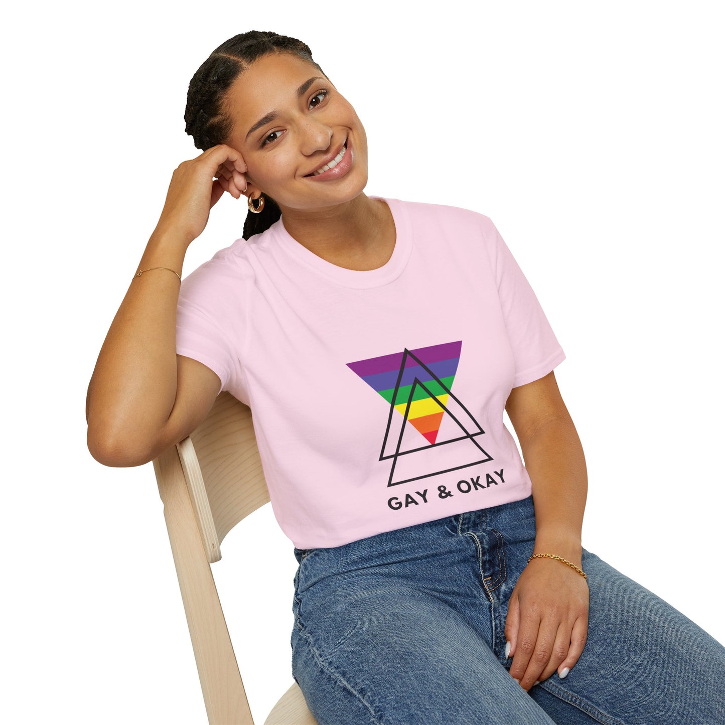 Gay and Okay T-Shirt – Geometric Rainbow LGBTQ+ Graphic Tee with Bold Inclusive Pride Design