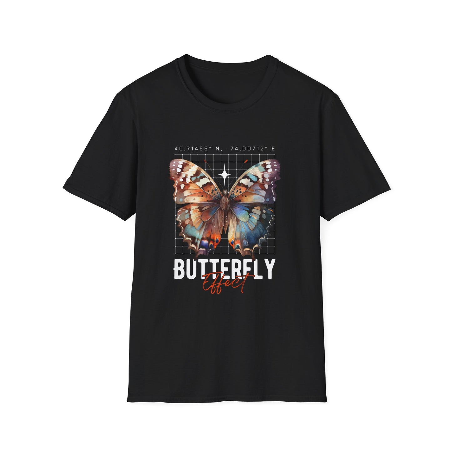 Butterfly Effect T-Shirt – Minimalist Graphic Tee with Coordinates & Symbolic Design of Change and Connection