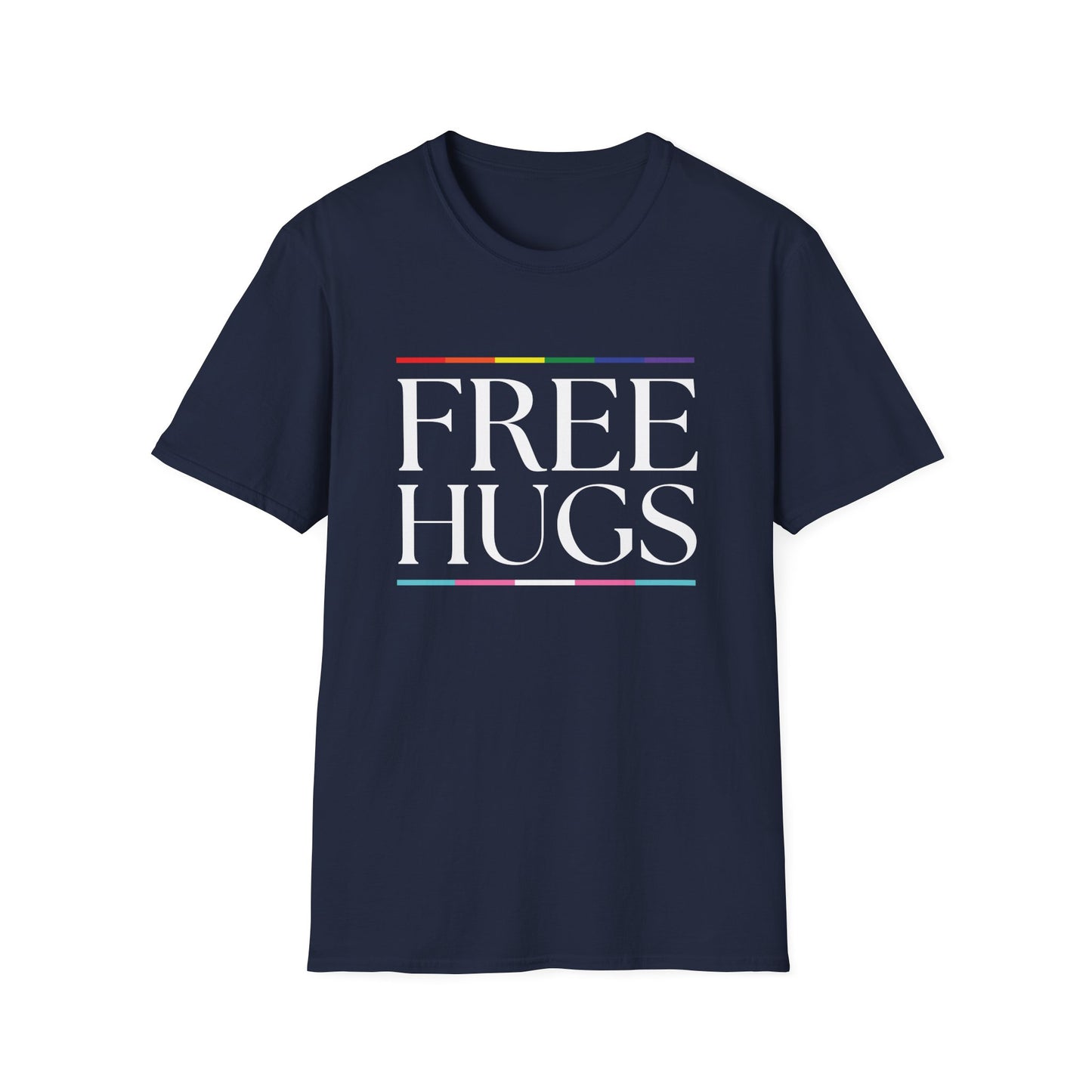 Free Hugs T-Shirt – Rainbow LGBTQ+ Pride Graphic Tee with Wholesome Inclusive Message