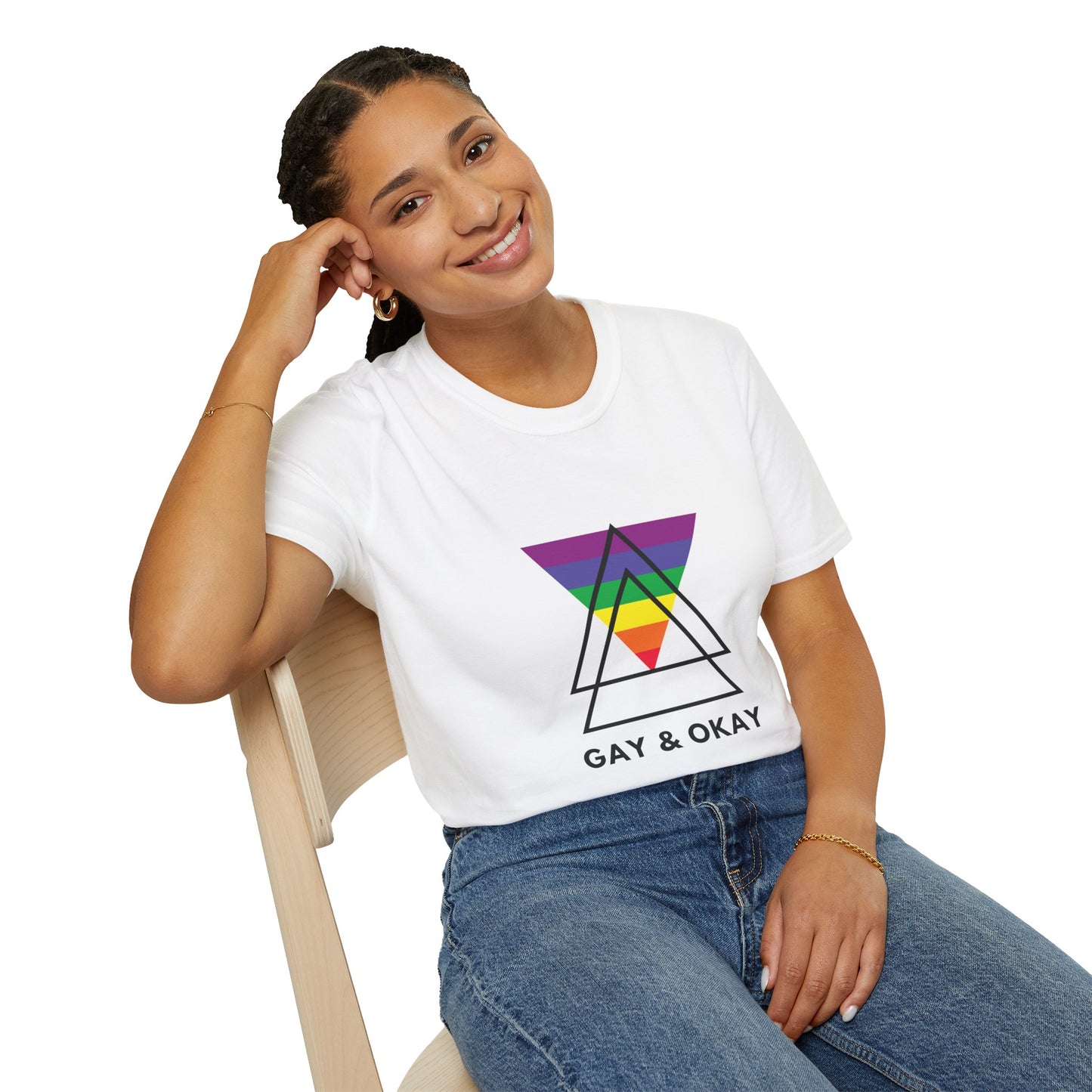 Gay and Okay T-Shirt – Geometric Rainbow LGBTQ+ Graphic Tee with Bold Inclusive Pride Design