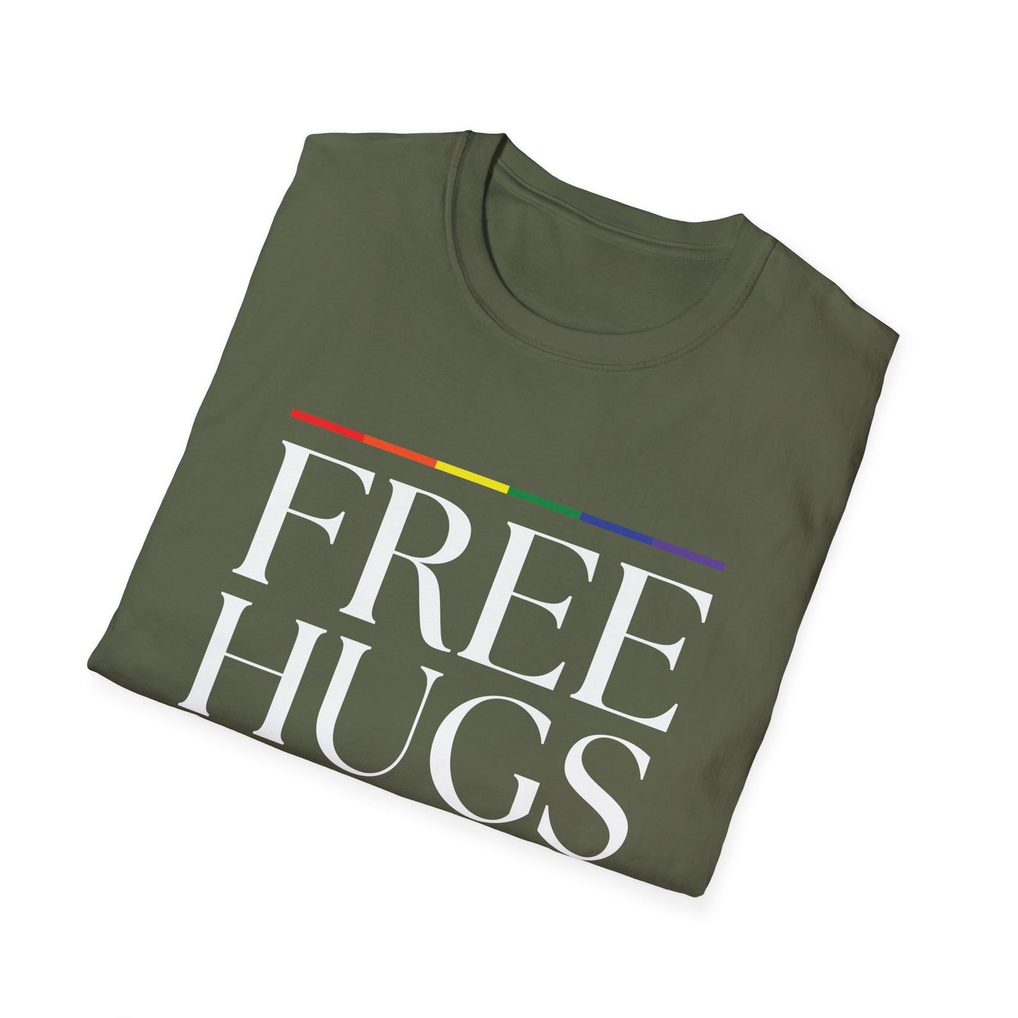Free Hugs T-Shirt – Rainbow LGBTQ+ Pride Graphic Tee with Wholesome Inclusive Message