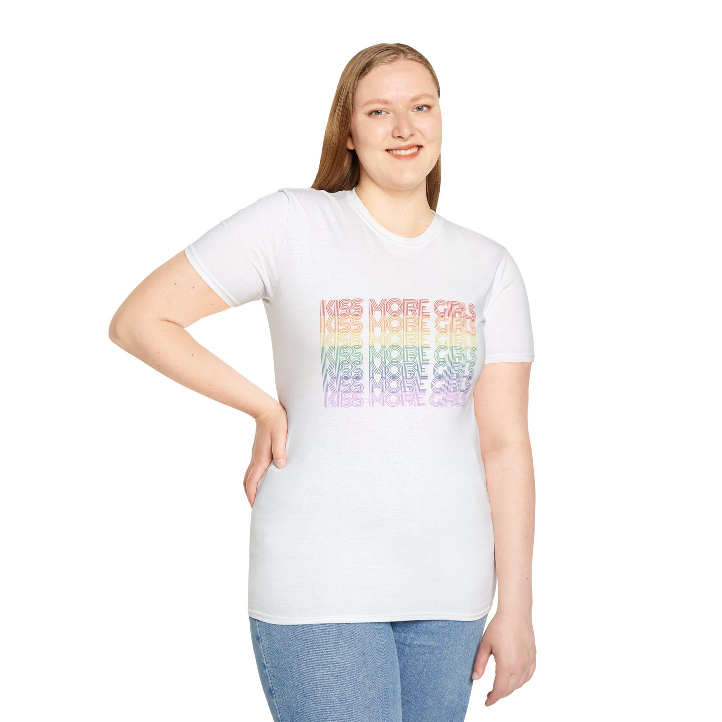 Kiss More Girls T-Shirt – Rainbow LGBTQ+ Pride Graphic Tee with Bold Inclusive & Playful Message