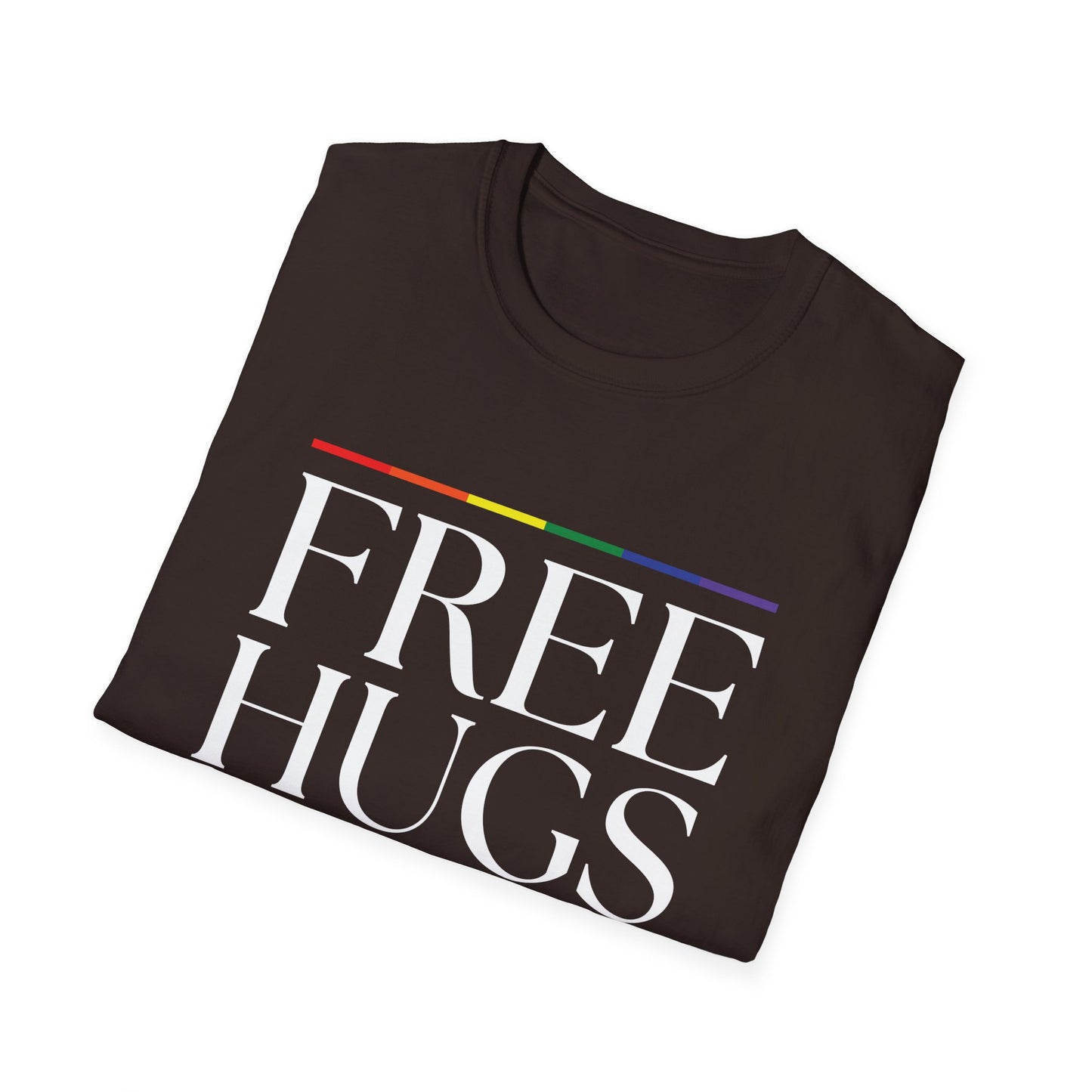 Free Hugs T-Shirt – Rainbow LGBTQ+ Pride Graphic Tee with Wholesome Inclusive Message