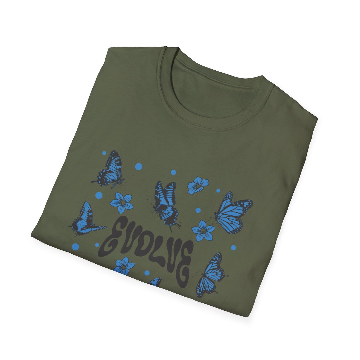Evolve T-Shirt – Retro Butterfly Graphic Tee with Blue Vintage-Inspired Transformation Design