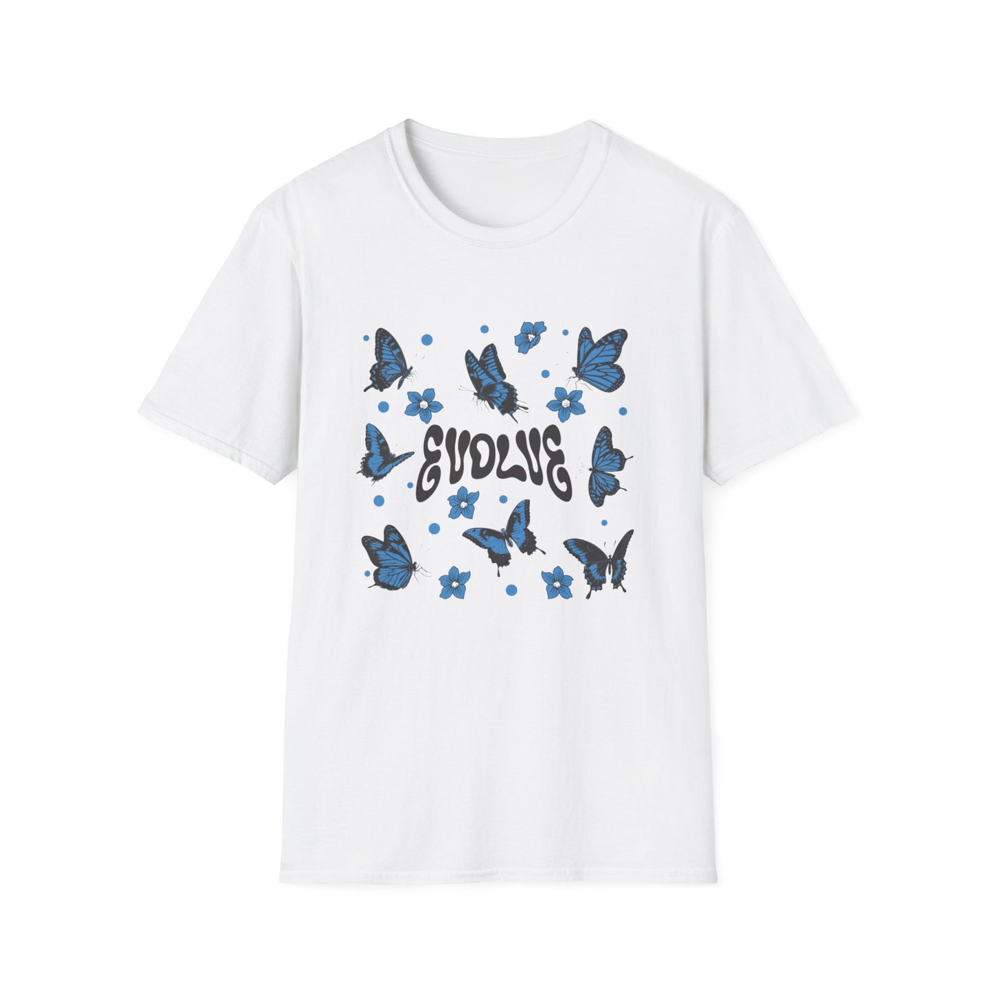 Evolve T-Shirt – Retro Butterfly Graphic Tee with Blue Vintage-Inspired Transformation Design