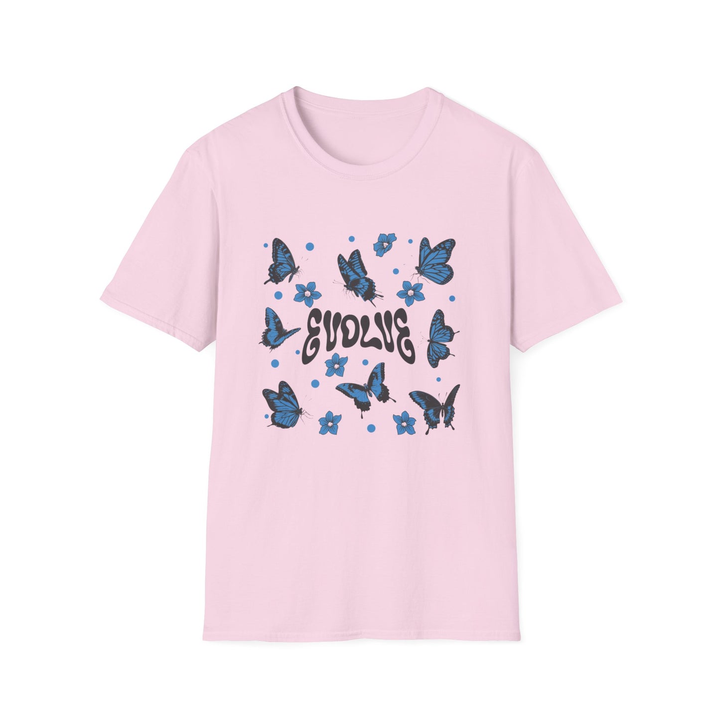 Evolve T-Shirt – Retro Butterfly Graphic Tee with Blue Vintage-Inspired Transformation Design