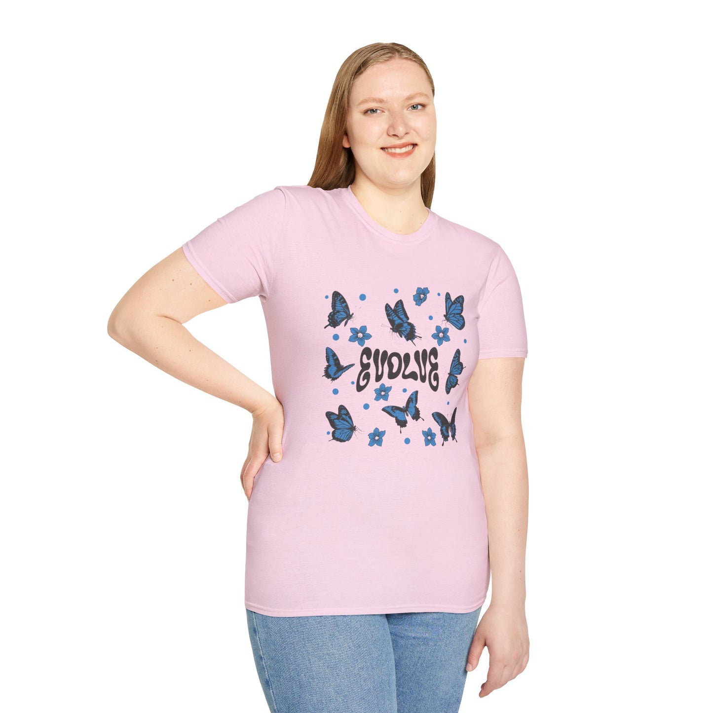 Evolve T-Shirt – Retro Butterfly Graphic Tee with Blue Vintage-Inspired Transformation Design