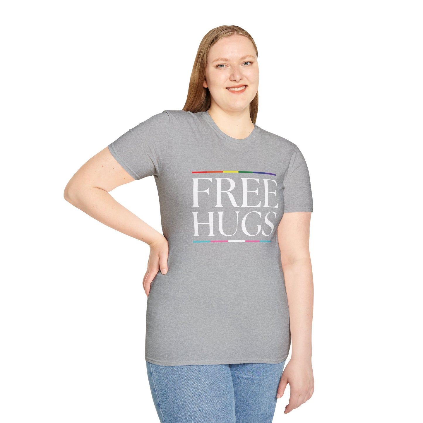 Free Hugs T-Shirt – Rainbow LGBTQ+ Pride Graphic Tee with Wholesome Inclusive Message