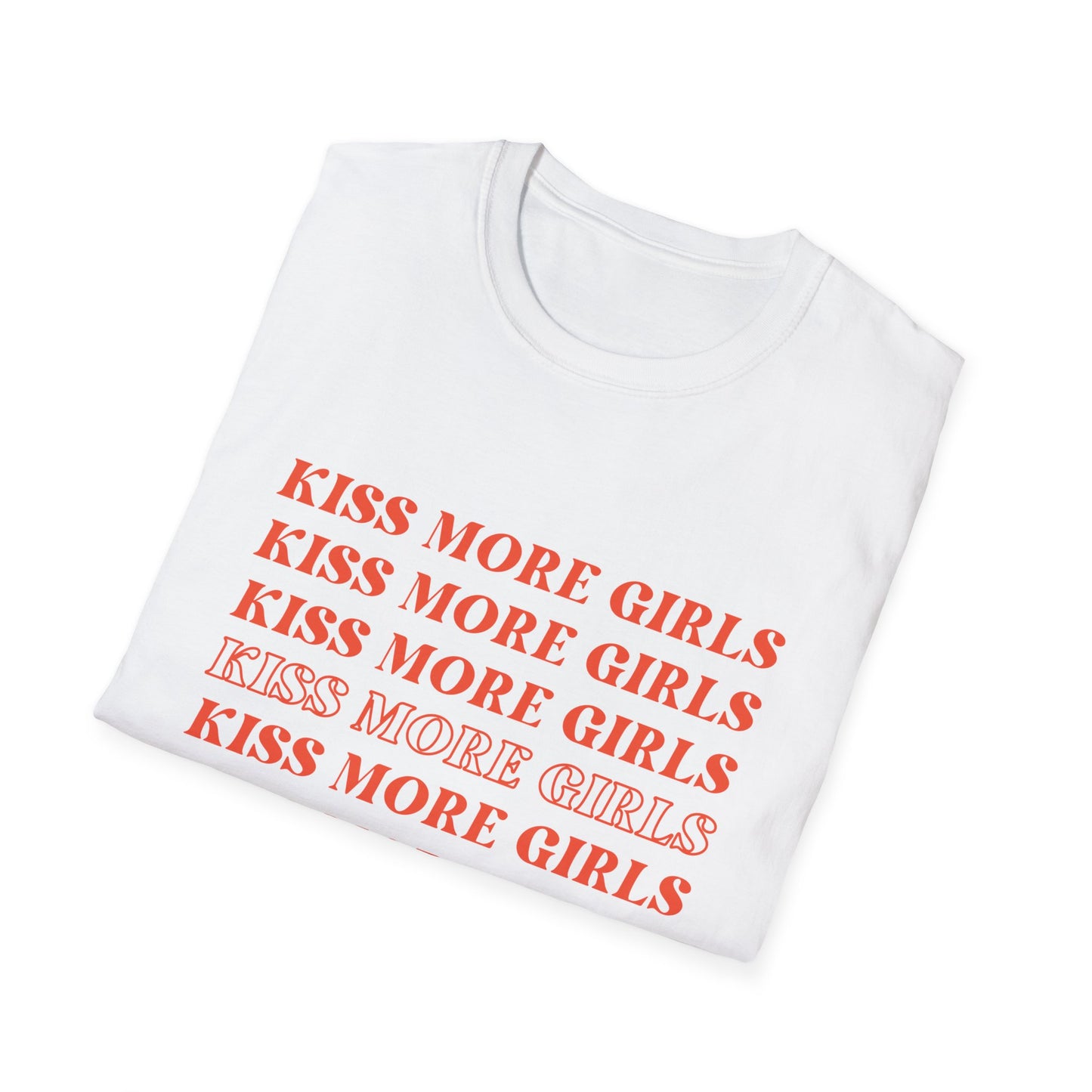 Kiss More Girls T-Shirt – Bold Red Font LGBTQ+ Pride Graphic Tee with Playful Feminine Message