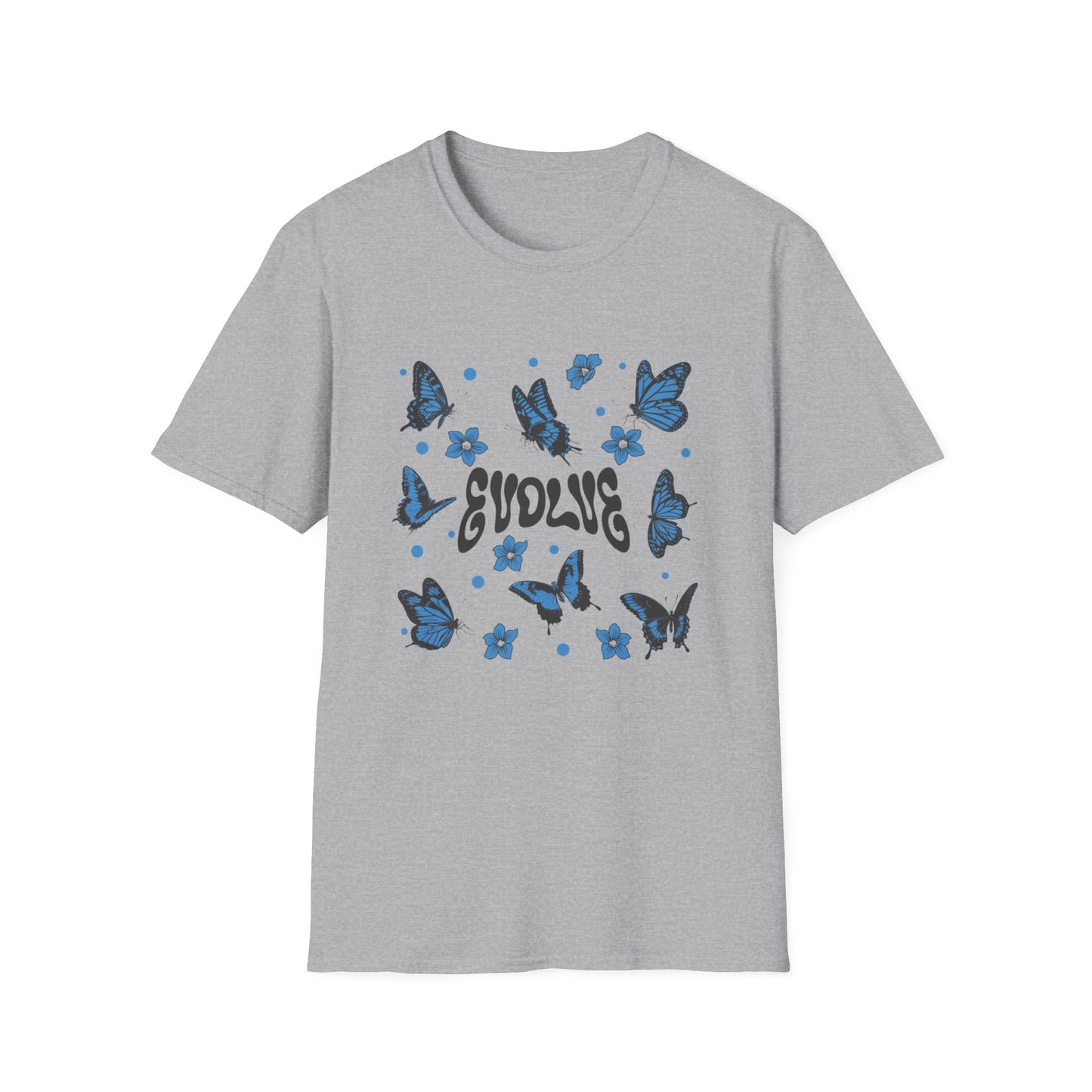 Evolve T-Shirt – Retro Butterfly Graphic Tee with Blue Vintage-Inspired Transformation Design