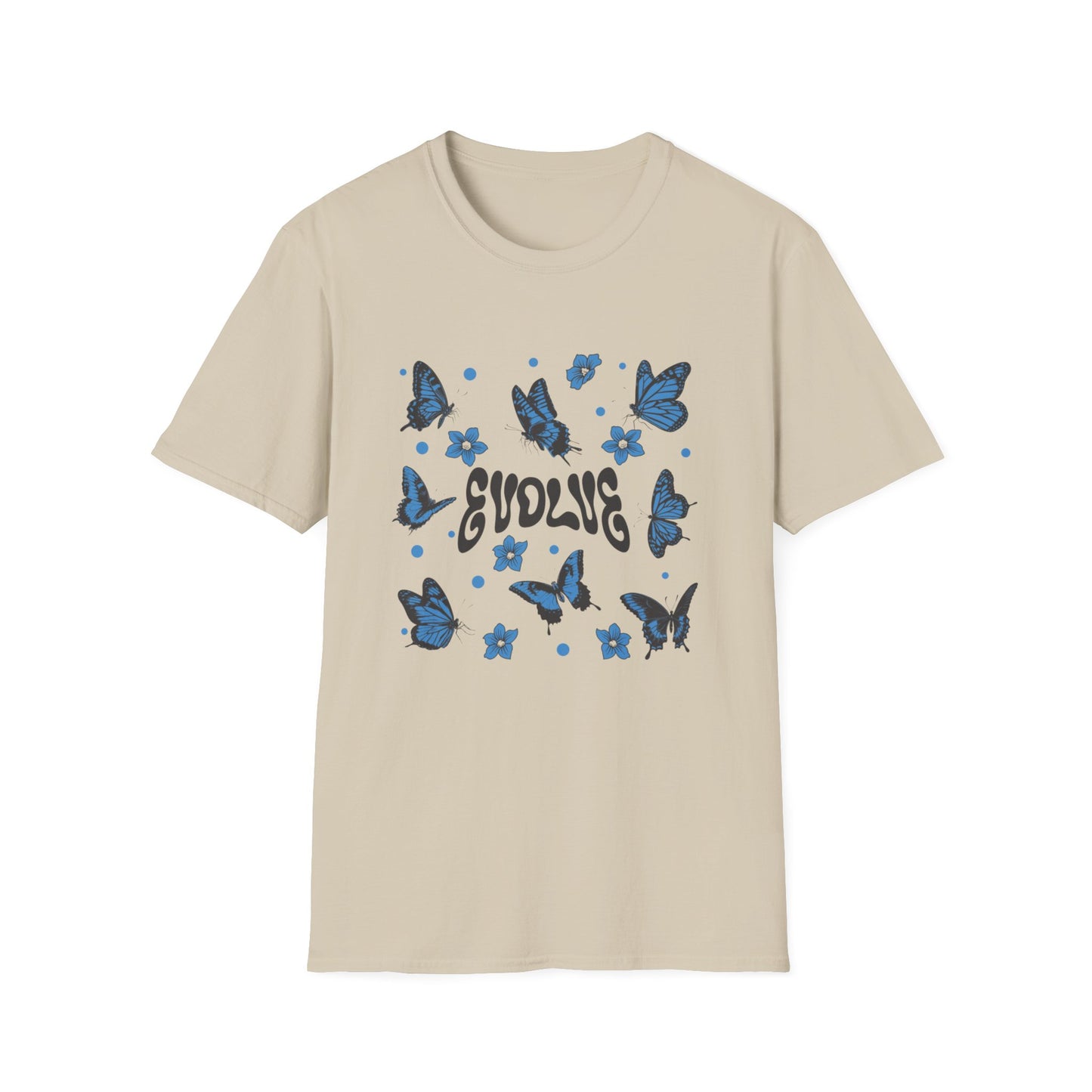 Evolve T-Shirt – Retro Butterfly Graphic Tee with Blue Vintage-Inspired Transformation Design
