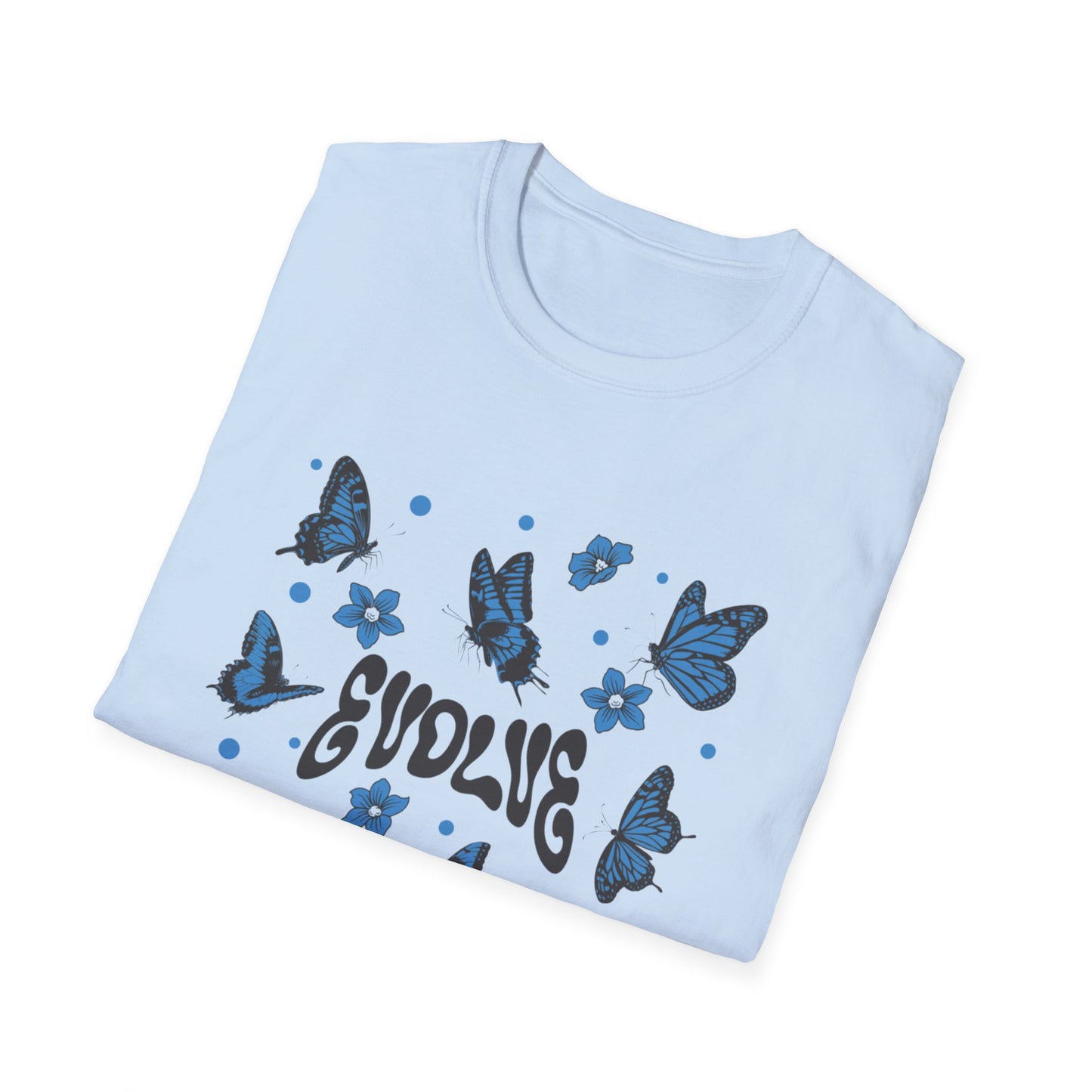Evolve T-Shirt – Retro Butterfly Graphic Tee with Blue Vintage-Inspired Transformation Design