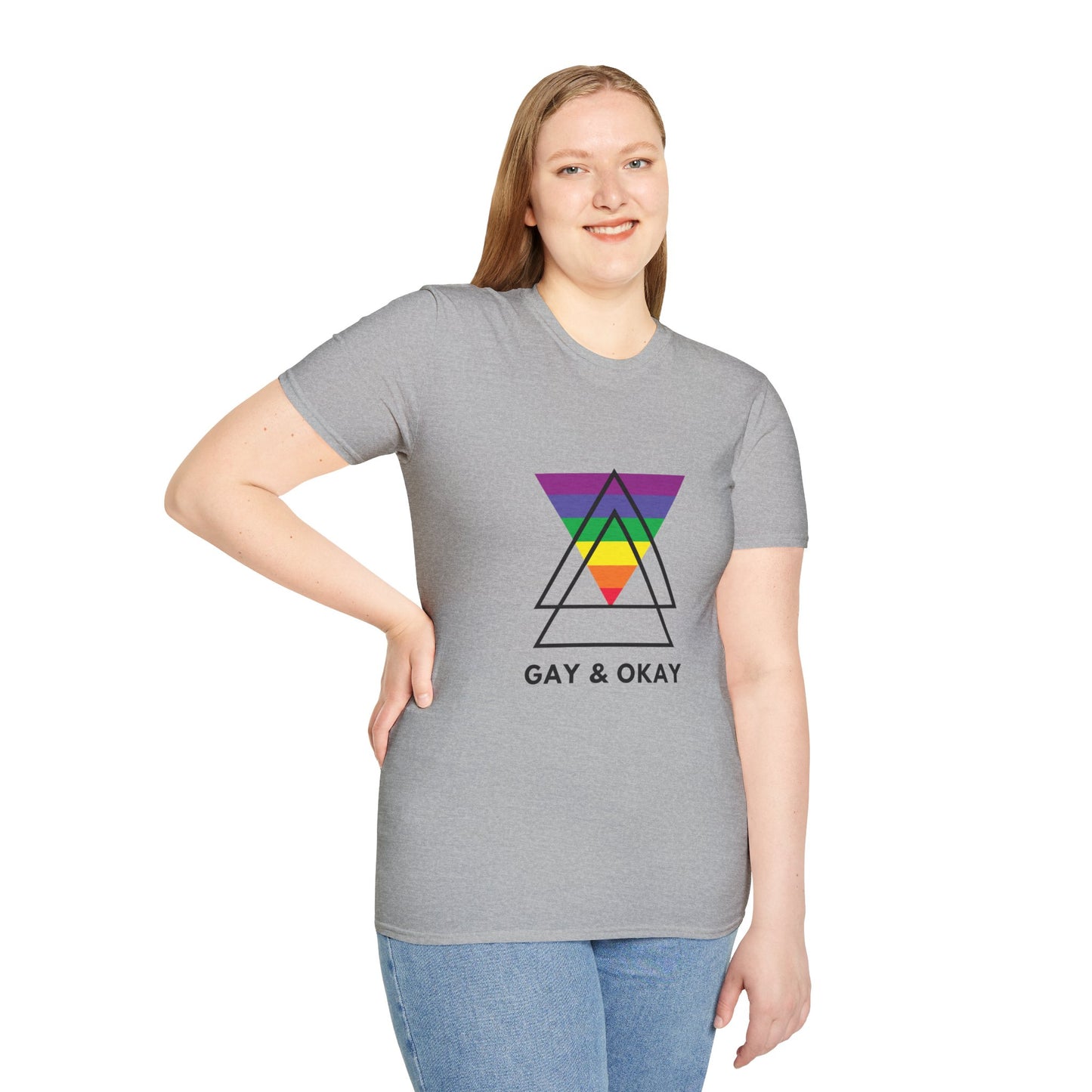 Gay and Okay T-Shirt – Geometric Rainbow LGBTQ+ Graphic Tee with Bold Inclusive Pride Design