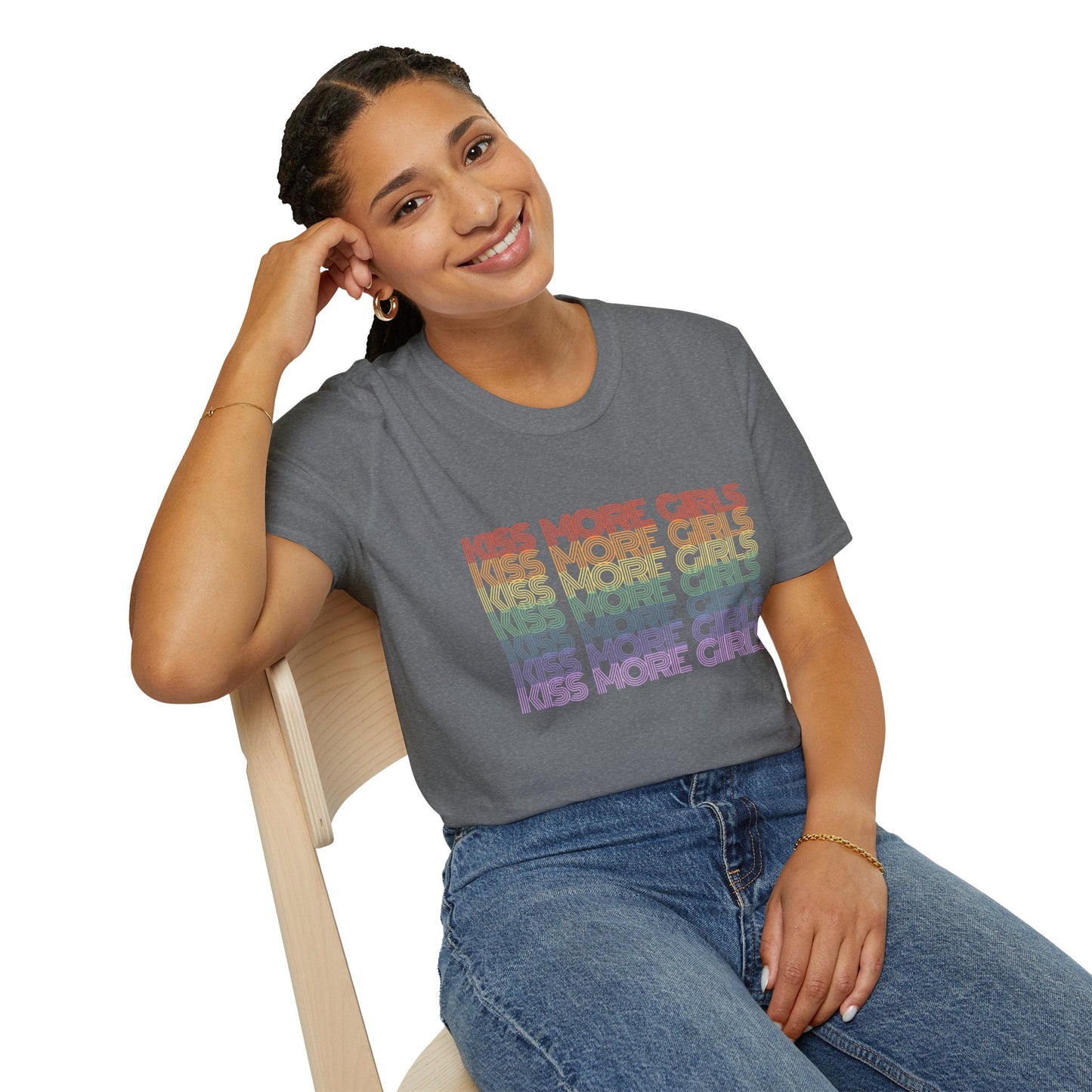 Kiss More Girls T-Shirt – Rainbow LGBTQ+ Pride Graphic Tee with Bold Inclusive & Playful Message