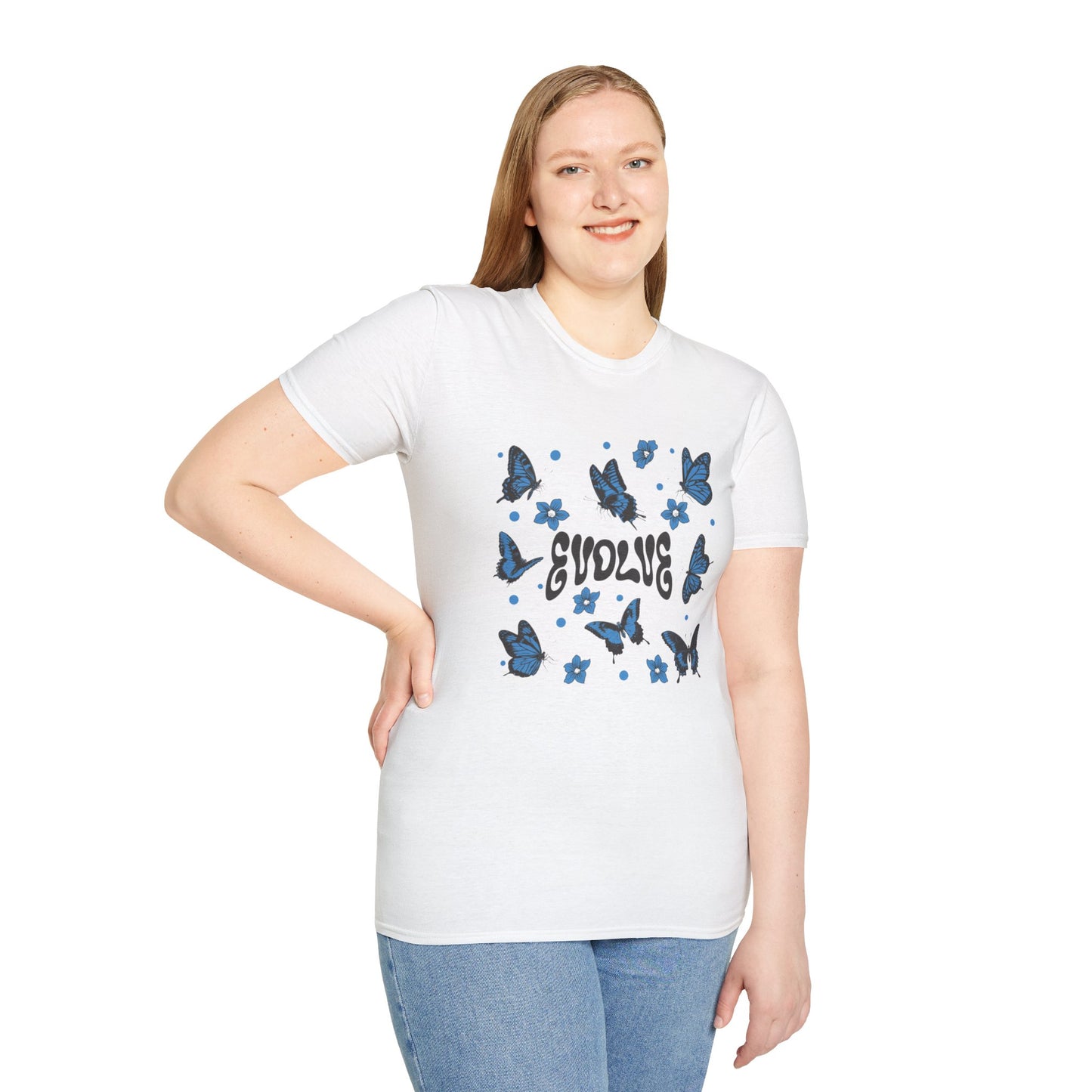 Evolve T-Shirt – Retro Butterfly Graphic Tee with Blue Vintage-Inspired Transformation Design