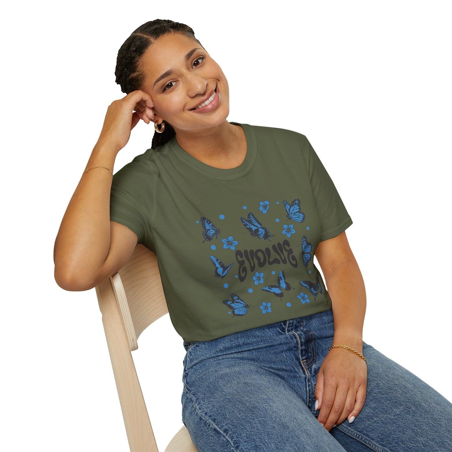 Evolve T-Shirt – Retro Butterfly Graphic Tee with Blue Vintage-Inspired Transformation Design