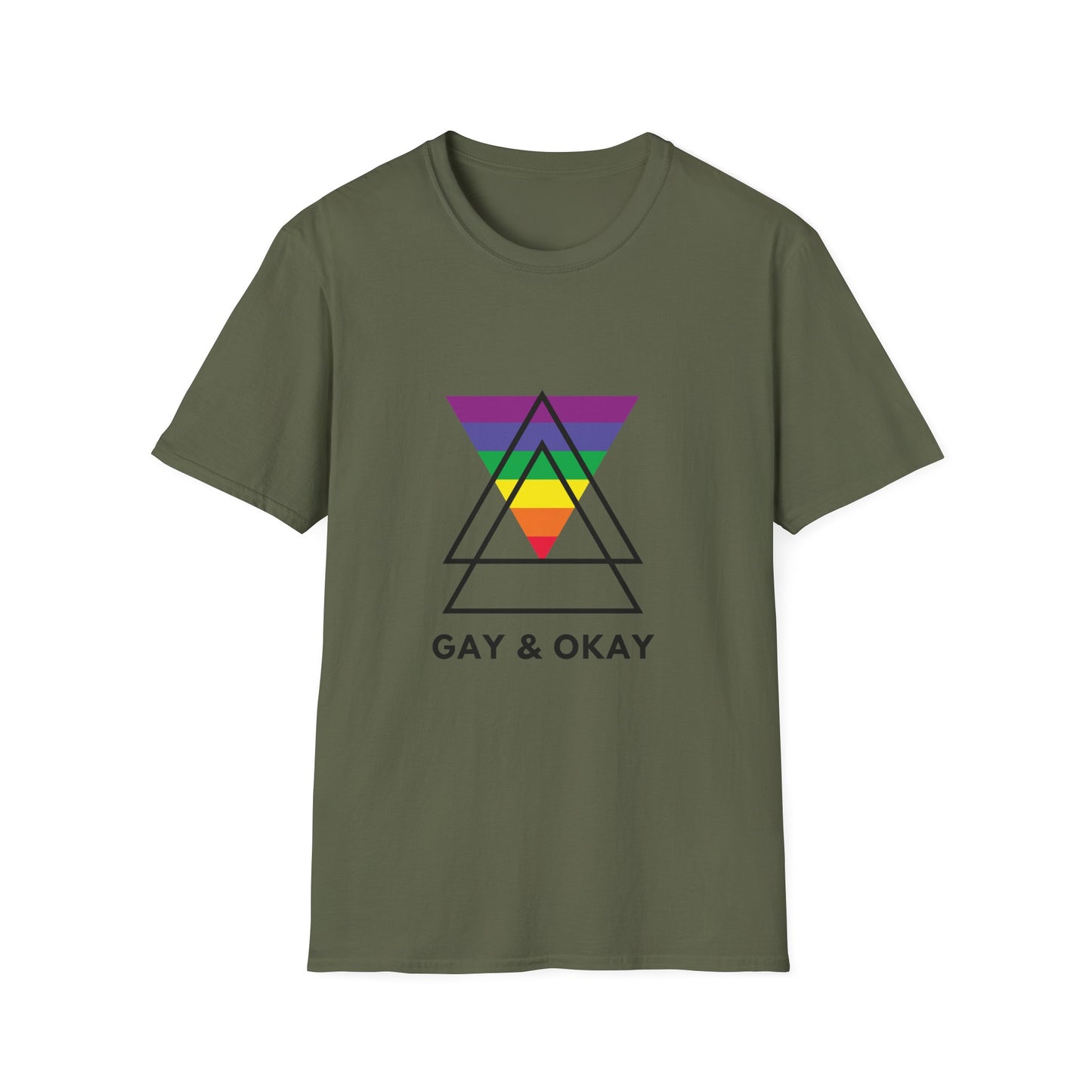 Gay and Okay T-Shirt – Geometric Rainbow LGBTQ+ Graphic Tee with Bold Inclusive Pride Design