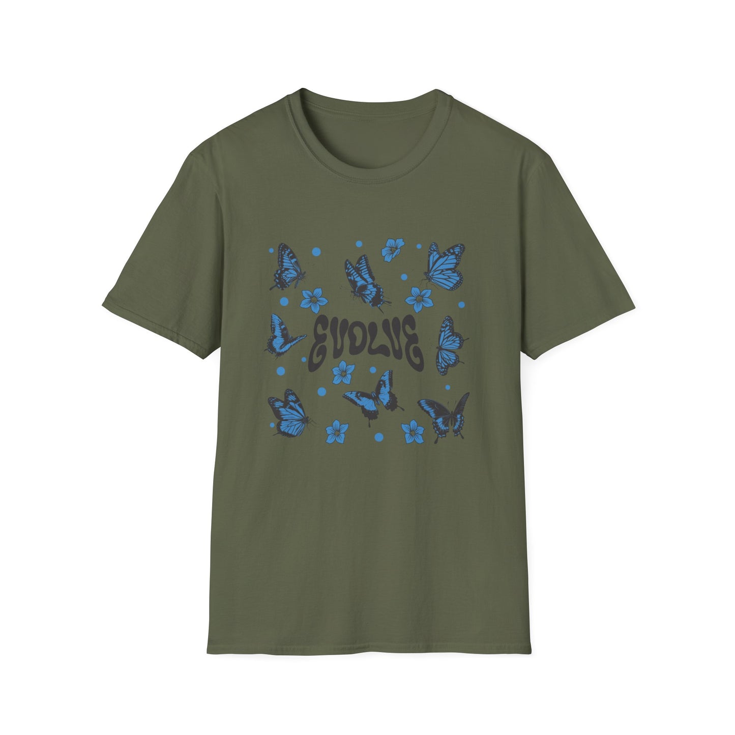 Evolve T-Shirt – Retro Butterfly Graphic Tee with Blue Vintage-Inspired Transformation Design