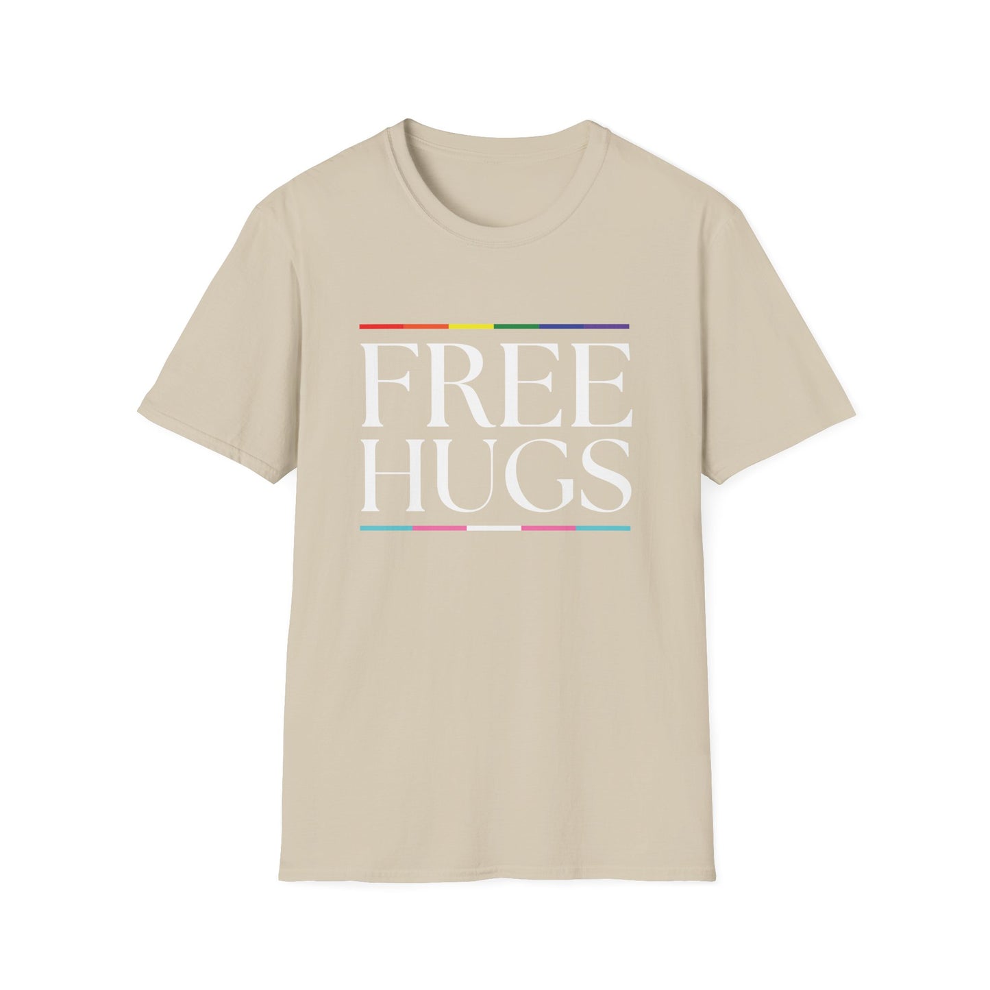 Free Hugs T-Shirt – Rainbow LGBTQ+ Pride Graphic Tee with Wholesome Inclusive Message