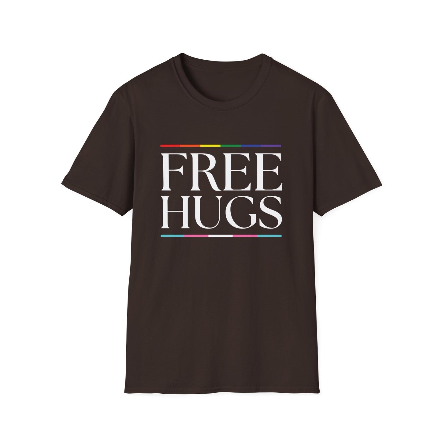 Free Hugs T-Shirt – Rainbow LGBTQ+ Pride Graphic Tee with Wholesome Inclusive Message
