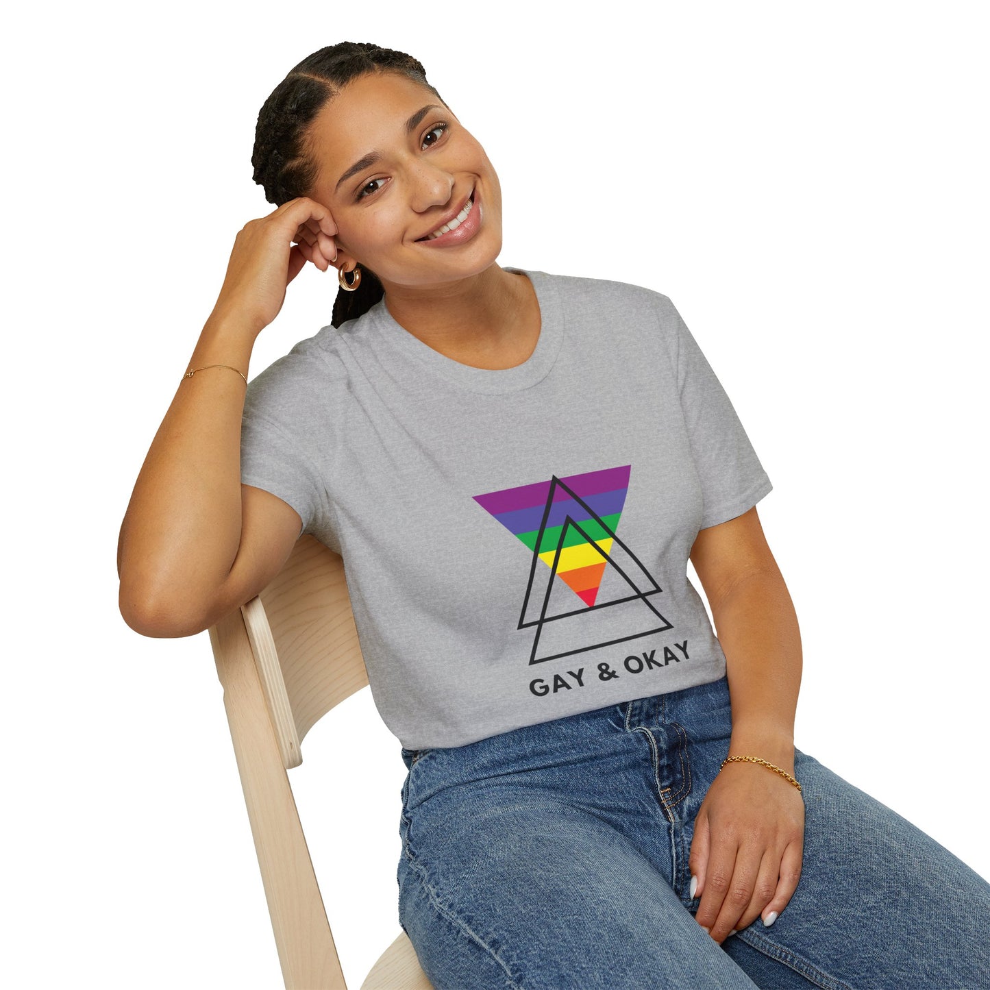 Gay and Okay T-Shirt – Geometric Rainbow LGBTQ+ Graphic Tee with Bold Inclusive Pride Design