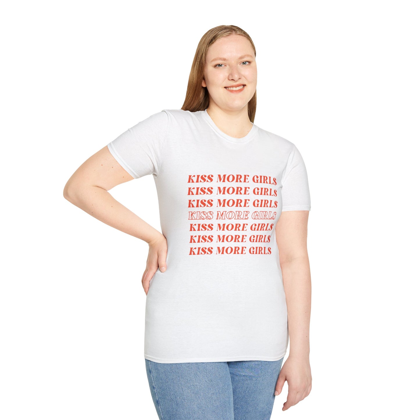 Kiss More Girls T-Shirt – Bold Red Font LGBTQ+ Pride Graphic Tee with Playful Feminine Message