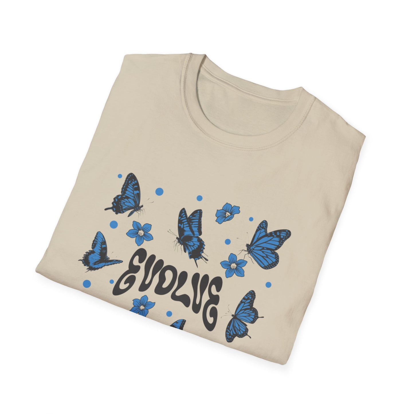 Evolve T-Shirt – Retro Butterfly Graphic Tee with Blue Vintage-Inspired Transformation Design