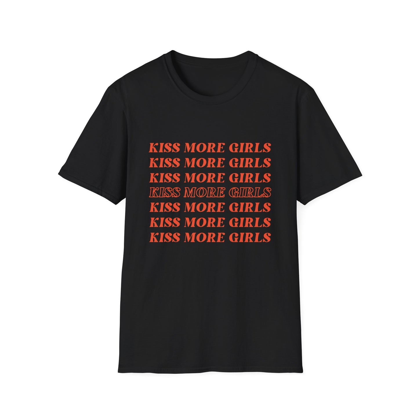 Kiss More Girls T-Shirt – Bold Red Font LGBTQ+ Pride Graphic Tee with Playful Feminine Message